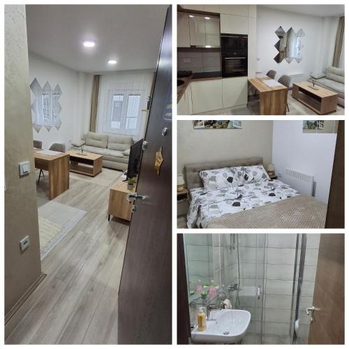 a collage of three pictures of a room at Apartmani Marjanovic in Jagodina