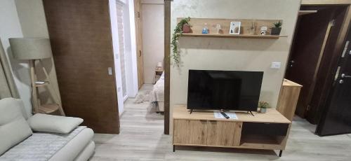 a living room with a flat screen tv on a stand at Apartmani Marjanovic in Jagodina