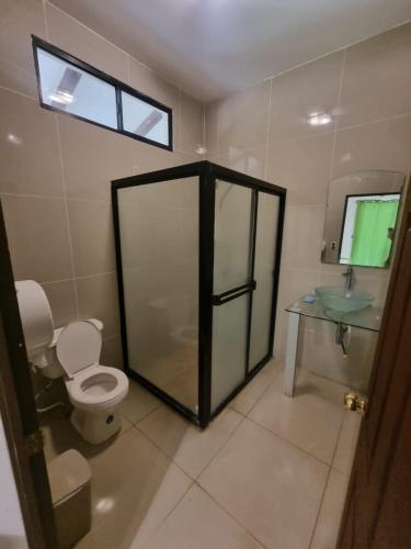 un bagno con doccia, WC e lavandino di Termales El Paraíso a Turín