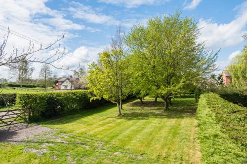 a garden with two trees and a fence at Hall O'Coole in Nantwich