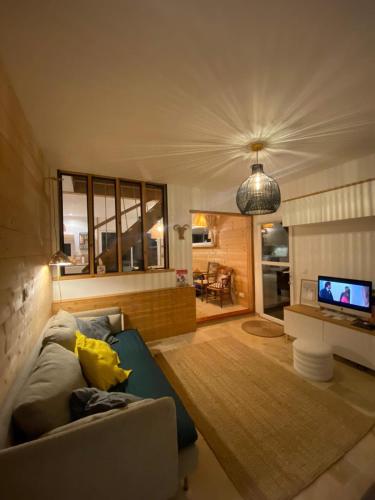 un salon avec un canapé et une télévision dans l'établissement Maison des conches, à Longeville-sur-Mer