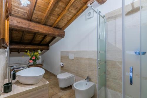 a bathroom with a glass shower and a toilet and a sink at Podere La Querciola in Guardistallo