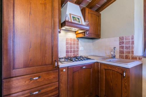 a kitchen with wooden cabinets and a stove top oven at Podere La Querciola in Guardistallo