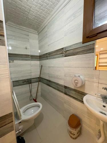 a bathroom with a toilet and a sink at Bahar Villa Pansiyon in Uzungöl