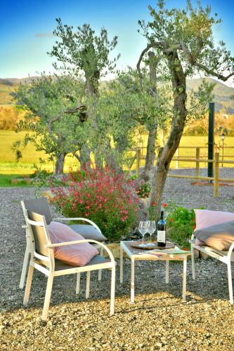 two chairs and a table with a bottle of wine at Podere La Querciola in Guardistallo