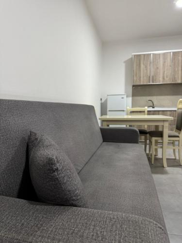 a couch in a living room with a table at Studio holidays in Shëngjin