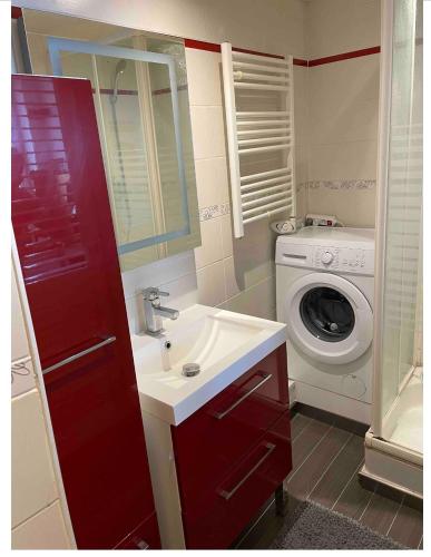 une salle de bain avec un lavabo et une machine à laver dans l'établissement Appartement calme, à Saint-Valery-en-Caux