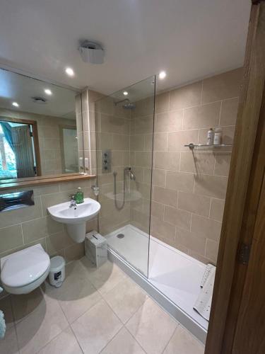 a bathroom with a shower and a toilet and a sink at 6, The Gallops, Mains of Taymouth Estate, Kenmore in Kenmore