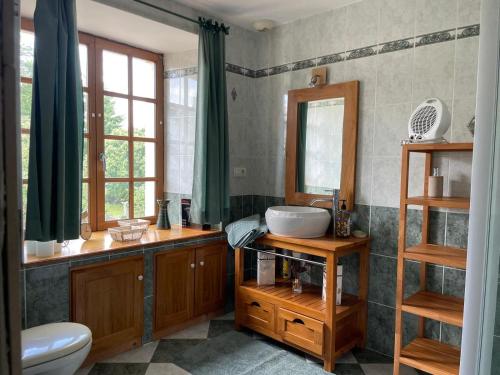 une salle de bain avec un lavabo et un miroir dans l'établissement Le clos de Brocéliande, à Caro