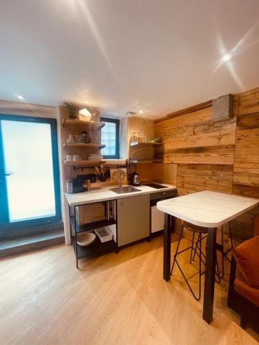 une cuisine avec un évier et une table à l'intérieur dans l'établissement La Cachette du Prince Parking included, à Chambéry