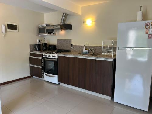 a kitchen with a stove and a refrigerator at Abedul Apartamentos in San Martín de los Andes