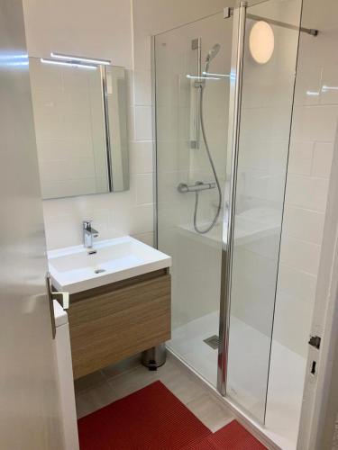 La salle de bains est pourvue d'une douche et d'un lavabo blanc. dans l'établissement Résidence Le Praz - Studio cabine 4 personnes 2 exposé Sud MAE-8764, à Valloire