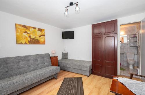 a living room with a couch and a tv at Noclegi Paradise in Darłówko