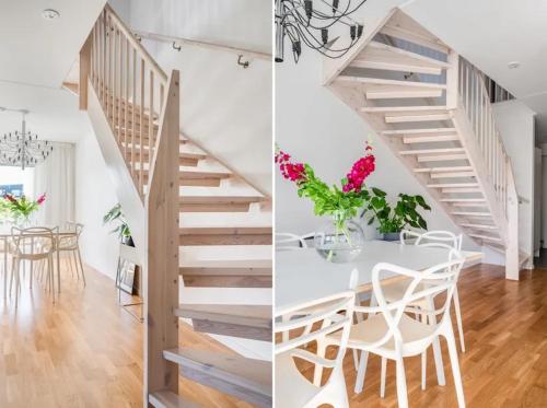 a staircase and a dining room with a table and chairs at Appartment close to Hyllie in Klagshamn