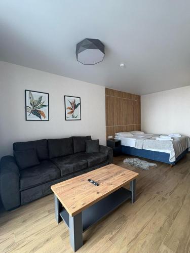 a living room with a couch and a bed at Go-Gudauri The Atrium Residence in Gudauri