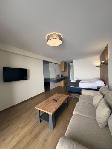 a living room with a couch and a bed at Go-Gudauri The Atrium Residence in Gudauri