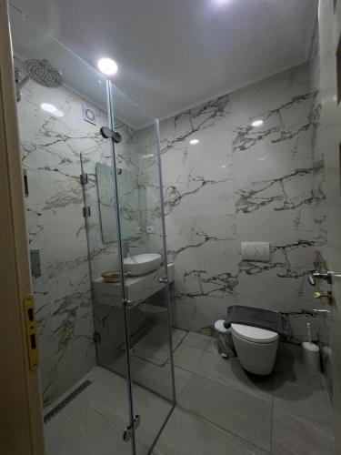 a bathroom with a shower and a toilet and a sink at Athina Rooms in Himare