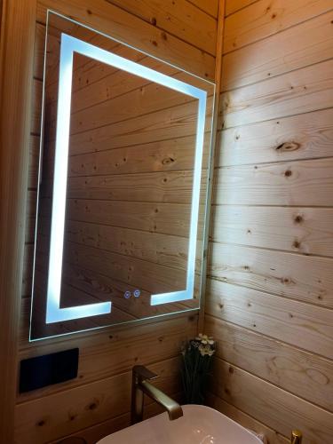 a bathroom with a window in a wooden wall at Файна хата 4 in Synevyrsʼka Polyana