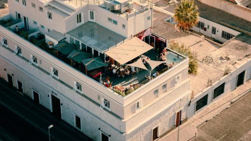 an overhead view of a building with a restaurant on it at Viajero Arequipa Hostel in Arequipa