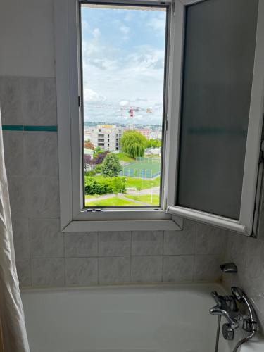 une fenêtre dans une salle de bain avec une baignoire et un lavabo dans l'établissement Chez marie-Cécile, à Vandœuvre-lès-Nancy