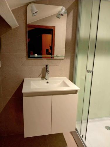 une salle de bain avec un lavabo blanc et un miroir dans l'établissement Villa à quelques pas de la plage, à Santa-Lucia-di-Moriani