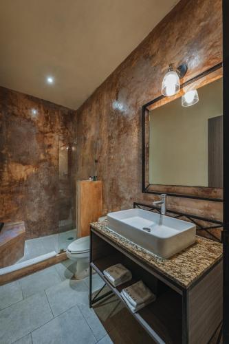 a bathroom with a sink and a toilet and a mirror at Hotel Boutique La Casona by Kavia in Mérida