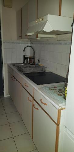 une cuisine avec un évier et une cuisinière dans l'établissement T2 très belle vue bassin avec balcon 100 m plage, à Arcachon