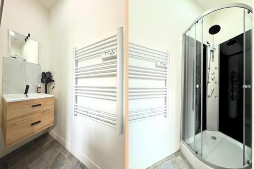 une salle de bain avec douche et lavabo dans l'établissement Le Midtown - By BEST KEYS - Idéal Pro & Couple - Grande Terrasse & Lumineux - Centre-Ville - Smart TV Netflix & WiFi Fibre - Check-in Autonome - Parking Facile - Calme & Confort Premium, à Tonnerre