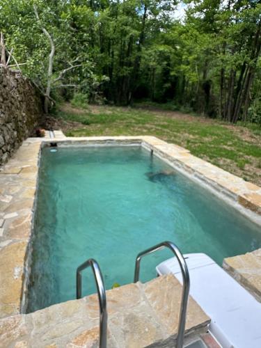 une piscine avec de l'eau bleue dans une cour dans l'établissement Mas en Cévennes - Art del viatge, la Jaça, à Saint-Paul-la-Coste