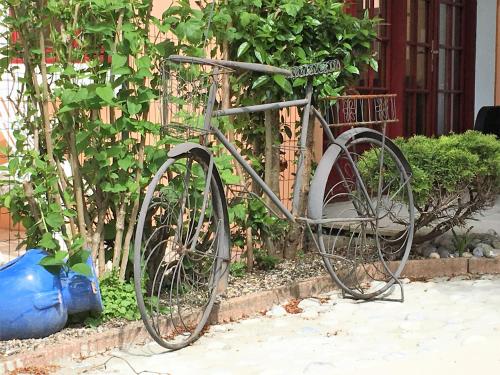 a bike is parked next to a bush at Hôtel et Appart 'hôtel Chez Gino ETAPLES-Le Touquet in Étaples