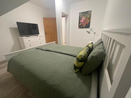 モノルにあるTaverna Apartman 2のベッドルーム(緑色のベッド1台、テレビ付)