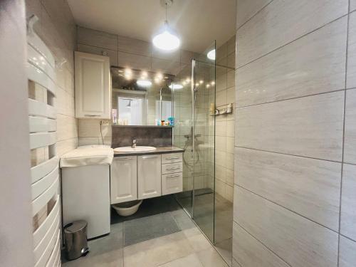 une salle de bain avec une douche, un lavabo et un miroir dans l'établissement L'Estivalière, à La Celle-sous-Gouzon