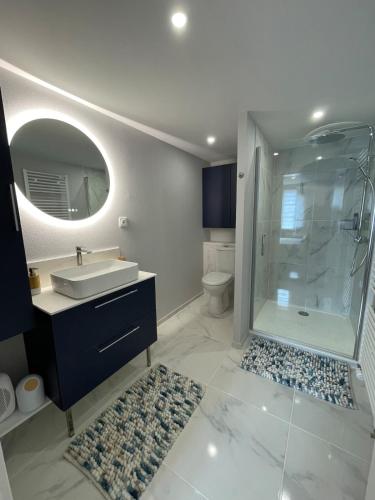 une salle de bain avec une douche, un lavabo et un miroir dans l'établissement Daviken, perfect location, à Douarnenez