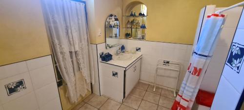 une petite salle de bain avec un lavabo et une douche dans l'établissement Maison provençale, garden, festival, à Sorgues