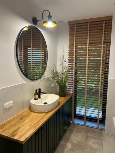 a bathroom with a sink and a mirror at Powidoki Mazury in Płociczno