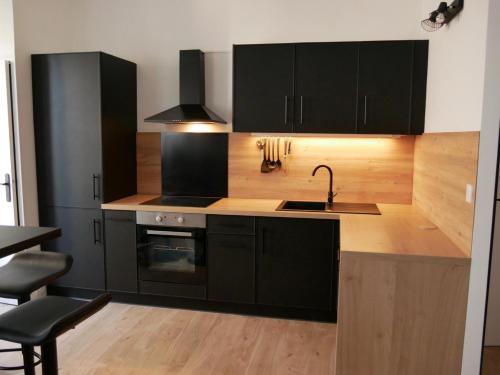 - une cuisine avec des placards noirs et un évier dans l'établissement Joli T2 proche Arènes et gare, à Nîmes