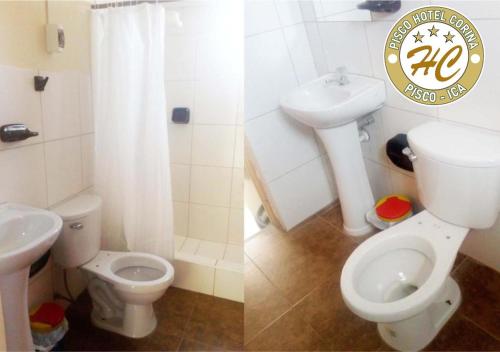 twee foto's van een badkamer met toilet en wastafel bij Pisco Hospedaje Corina in Pisco