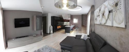 a living room with a black couch and a television at Villapark Luxury Apartman Balatonfüred in Balatonfüred