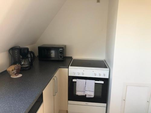 a kitchen with a stove and a microwave at Apartment first floor Bispensgade i Hjørring in Hjørring