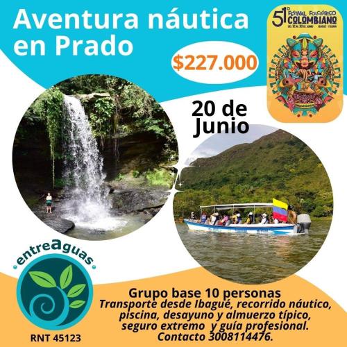 a flyer for a tour of a waterfall and a boat at Central, mejor clima, campestre en Calambeo, a 5 minutos de la vida cultural in Ibagué