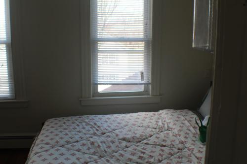 a bedroom with a bed and two windows at Southend Gem in Hartford