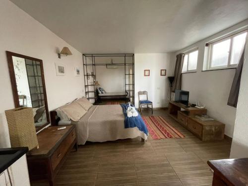 a bedroom with a bed and a desk and a television at WB04 Loft Aconchegante Passos da Rua das Pedras ! in Búzios