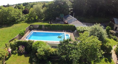 - une vue sur la piscine dans la cour dans l'établissement Budleigh Farm Cottages, à Moretonhampstead