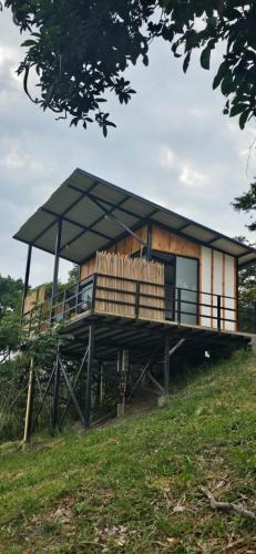 a house with a roof on top of a field at Cabañas Mariluna in Estación El Salto