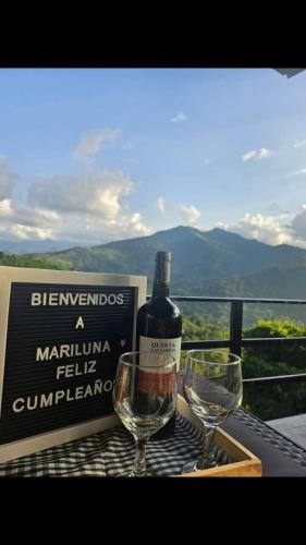 a bottle of wine and two glasses on a table at Cabañas Mariluna in Estación El Salto