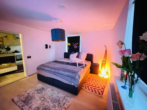 a bedroom with a bed in a room with pink walls at Top Appartement near City Center in Augsburg