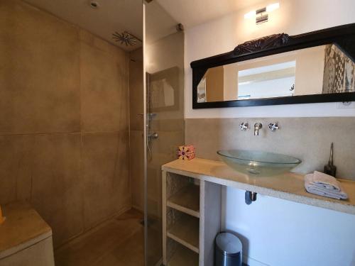 une salle de bain avec un lavabo et une douche dans l'établissement Loft in Olonzac near Canal du Midi, cleaning included, à Olonzac