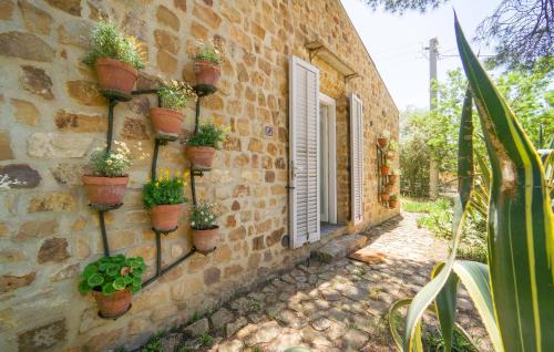 a stone house with potted plants on the side of it at Nocellara in Alia