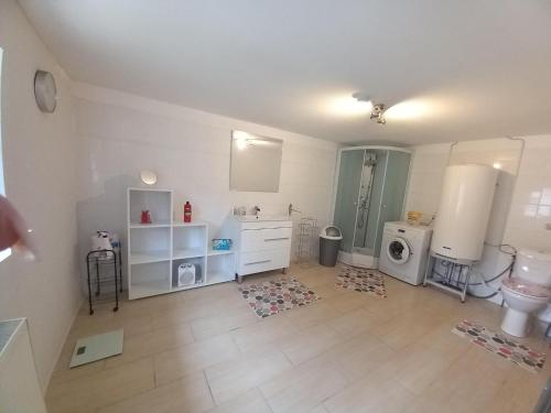 une salle de bain avec un lavabo et une machine à laver dans l'établissement Holiday Home Lorraine near Saint Quirin Lakes, cleaning included, à Saint-Quirin