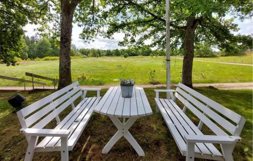 a white picnic table with a vase of flowers on it at Stunning Home In Gashult With Wifi in Gashult
